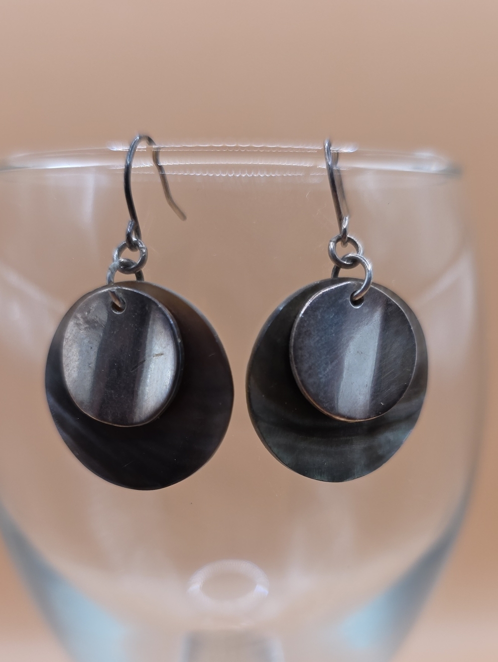5/$25 Dark Gray MOP Double Disc Drop Earrings